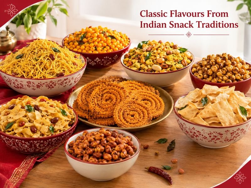 Traditional Indian namkeen varieties including sev, bhujia, mixture, roasted pulses and spiced snacks arranged in serving bowls by SaleManch.
