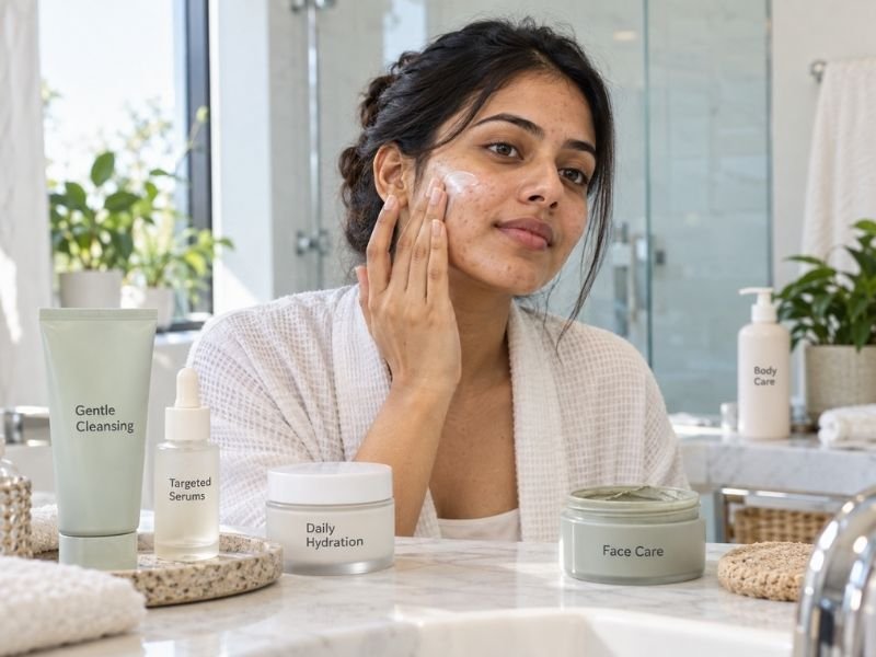 Skincare products for acne-prone skin including cleansers, gels, serums and moisturisers by SaleManch