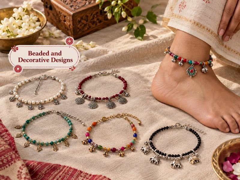Beaded and decorative anklets with colourful beads and metal elements by SaleManch