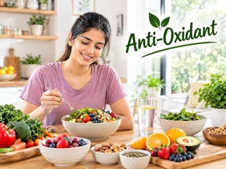 Colourful nutrient-rich foods representing antioxidant choices by SaleManch