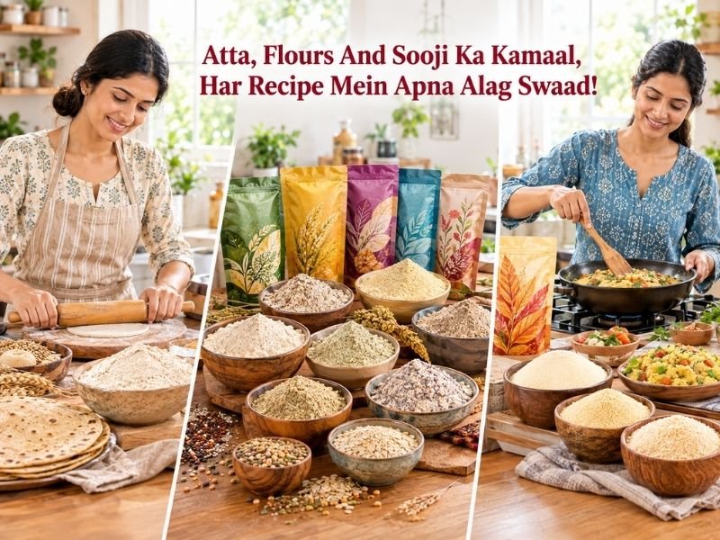 Atta, flours and sooji in different grains, textures and varieties for cooking by SaleManch