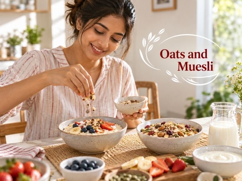Oats and muesli breakfast foods with grains, nuts, seeds and dried fruits by SaleManch