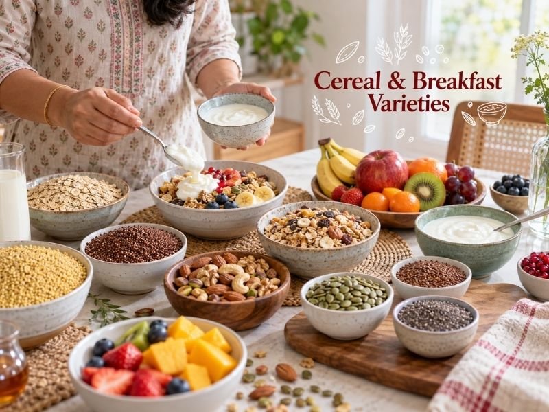 Cereals and breakfast foods in different types, grains, textures and varieties by SaleManch