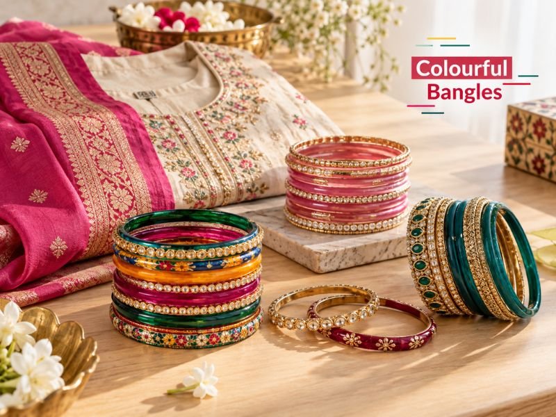 Colourful and multicoloured bangles with expressive decorative designs by SaleManch