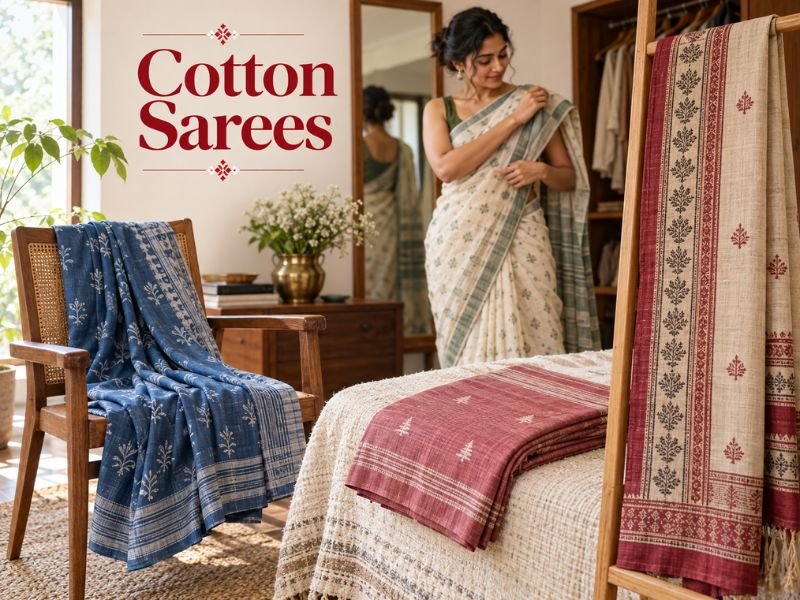 Lightweight cotton sarees with breathable fabrics and traditional borders by SaleManch