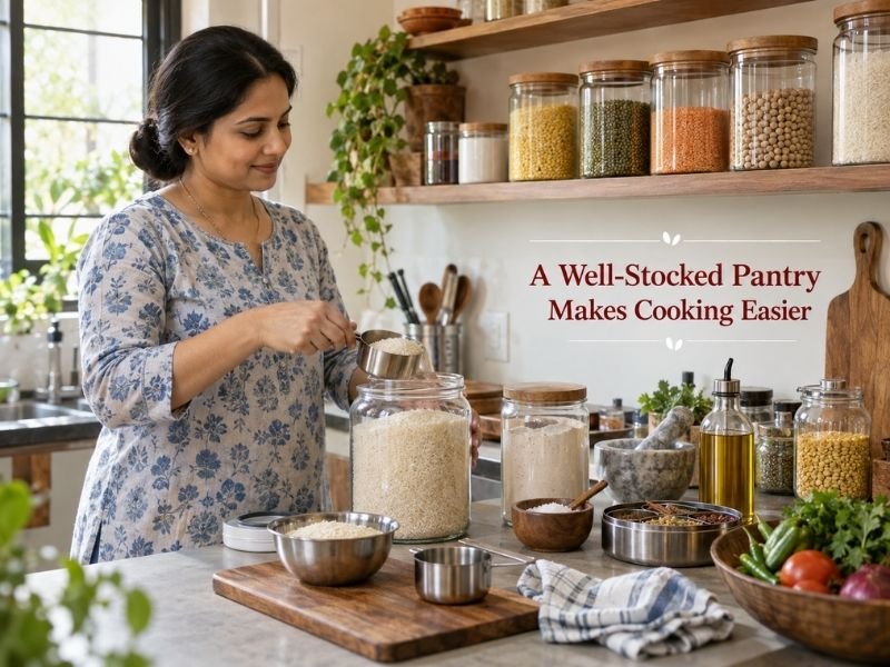 Everyday pantry essentials including grains, spices, oils and cooking ingredients by SaleManch