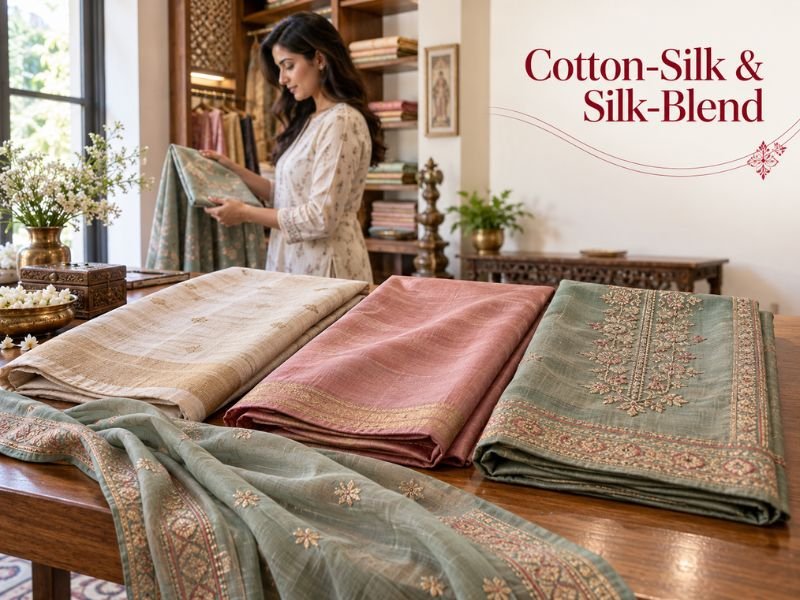 Cotton-silk and silk-blend dress materials with decorative details by SaleManch