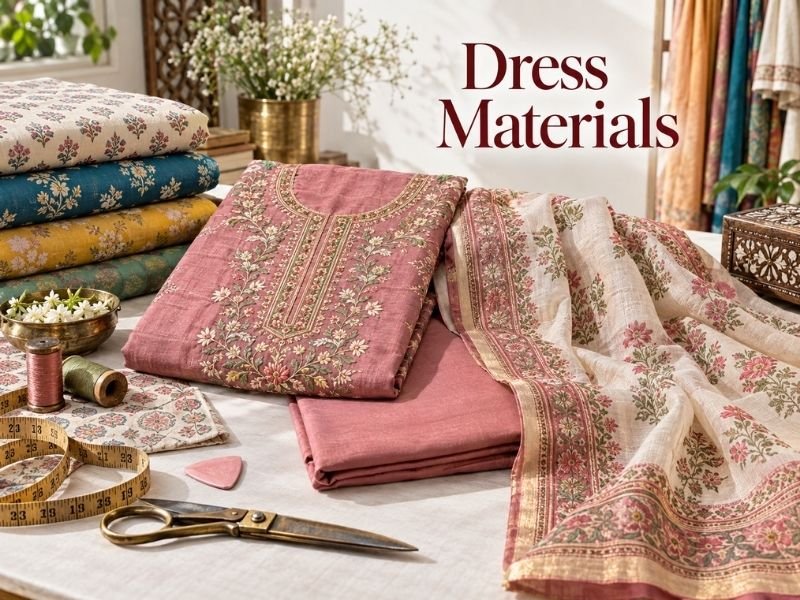 Indian dress materials with fabrics, prints and dupattas by SaleManch