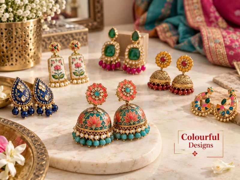 Colourful decorative earrings with beads, stones and patterned motifs by SaleManch