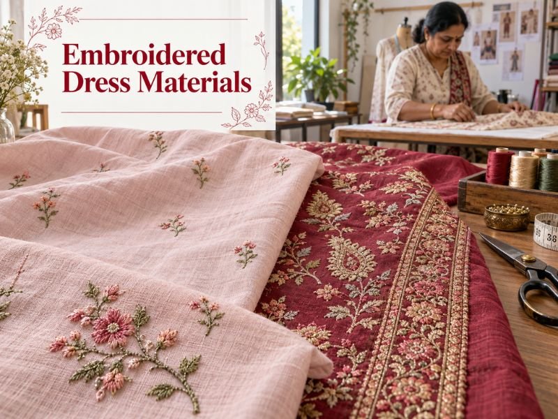 Embroidered Indian dress materials with floral patterns and traditional motifs by SaleManch