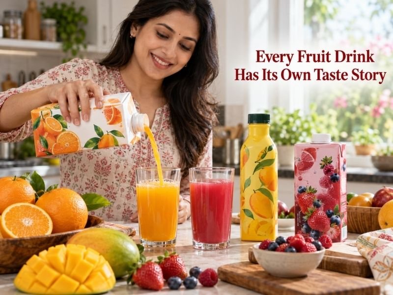 Fruit juices and juice-based beverages made with different fruit flavours by SaleManch