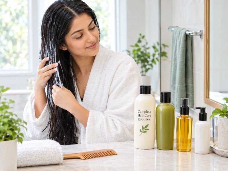 Complete hair care routine with cleansing, conditioning, oiling and styling products by SaleManch