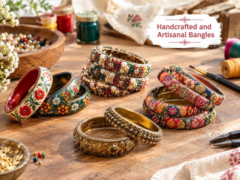 Handcrafted artisanal bangles with beadwork, painted surfaces and metal details by SaleManch