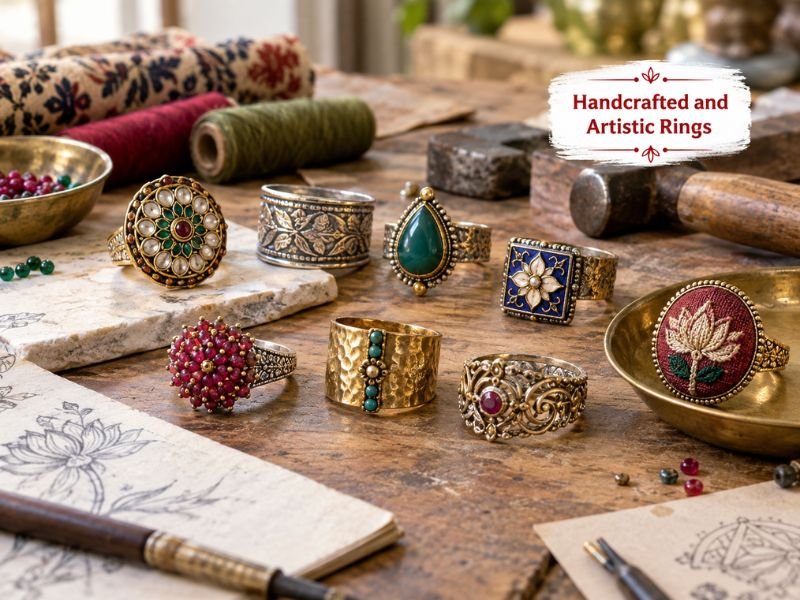 Handcrafted artistic rings with beadwork and traditional craft-inspired details by SaleManch