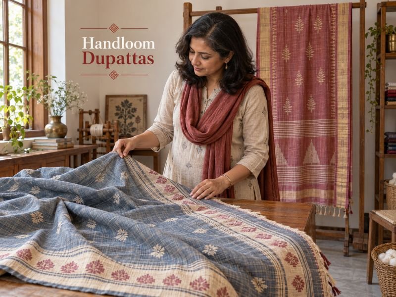 Handloom dupattas with traditional textures, borders and Indian textile patterns by SaleManch