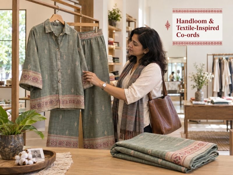 Handloom and textile-inspired co-ord sets with traditional woven details by SaleManch