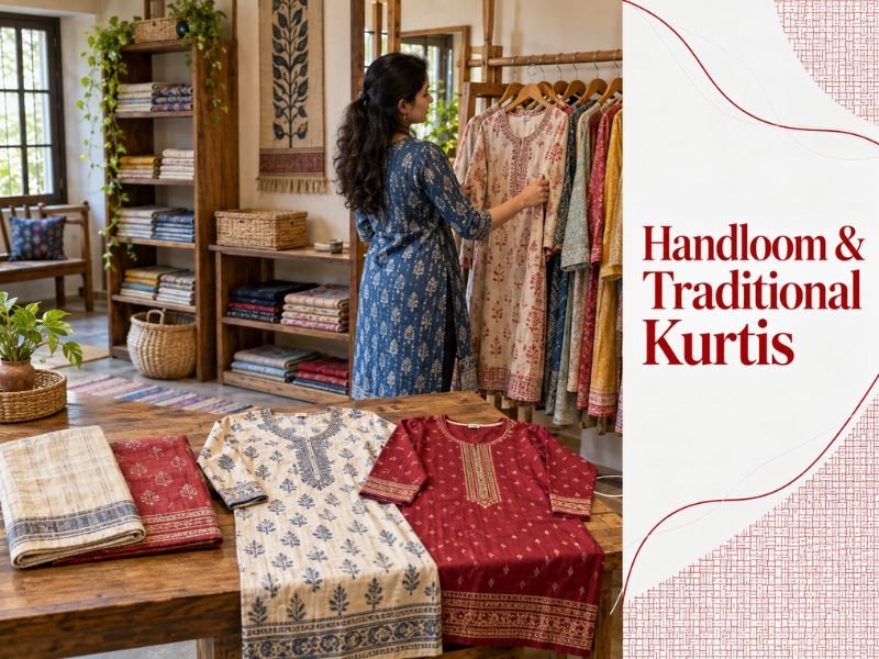 Traditional handloom kurtis with woven motifs and heritage-inspired designs by SaleManch