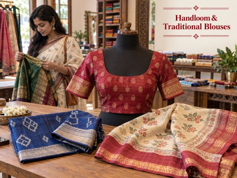 Handloom and traditional textile blouses with woven patterns by SaleManch