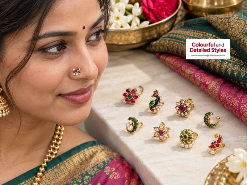 Colourful nose pins with detailed designs and decorative colour accents by SaleManch