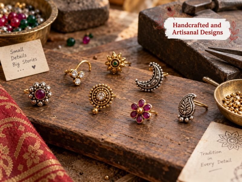 Handcrafted artisanal nose pins with distinctive patterns and decorative details by SaleManch