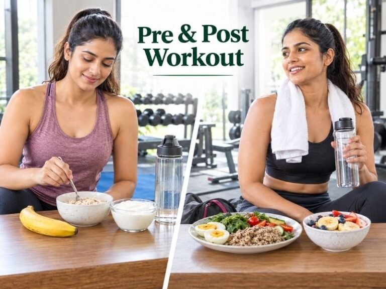 Foods and nutrition products arranged around a workout routine by SaleManch
