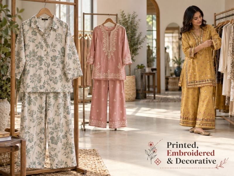 Printed and embroidered co-ord sets with decorative patterns and woven details by SaleManch