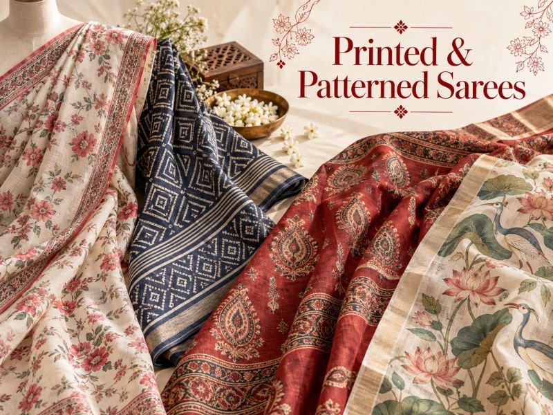 Printed sarees with floral, geometric and traditional patterns by SaleManch