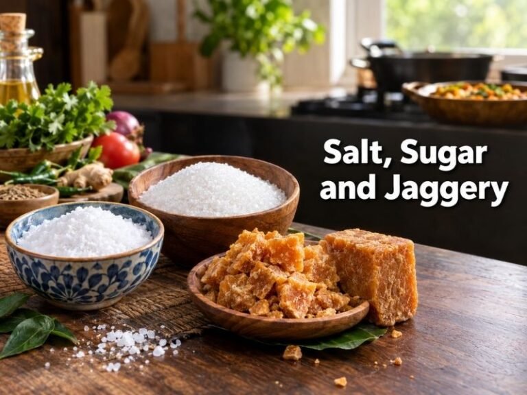 Salt, sugar and jaggery kitchen staples arranged together by SaleManch