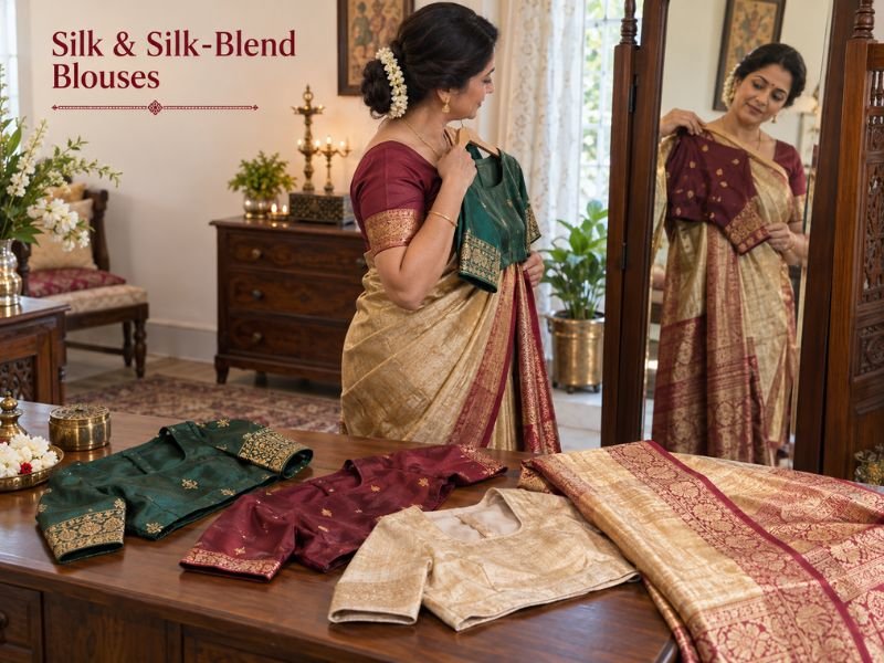 Silk and silk-blend blouses for festive saree styling by SaleManch