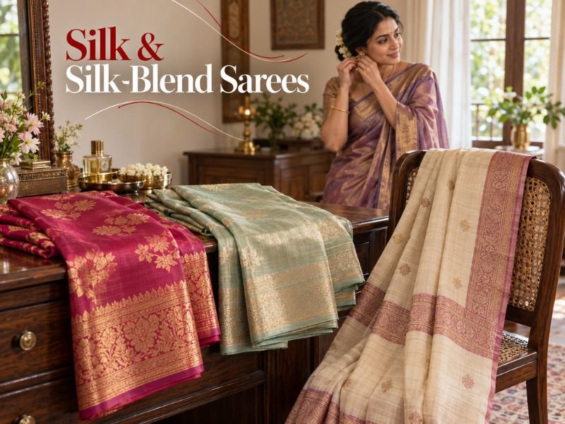 Elegant silk and silk-blend sarees with decorative borders by SaleManch