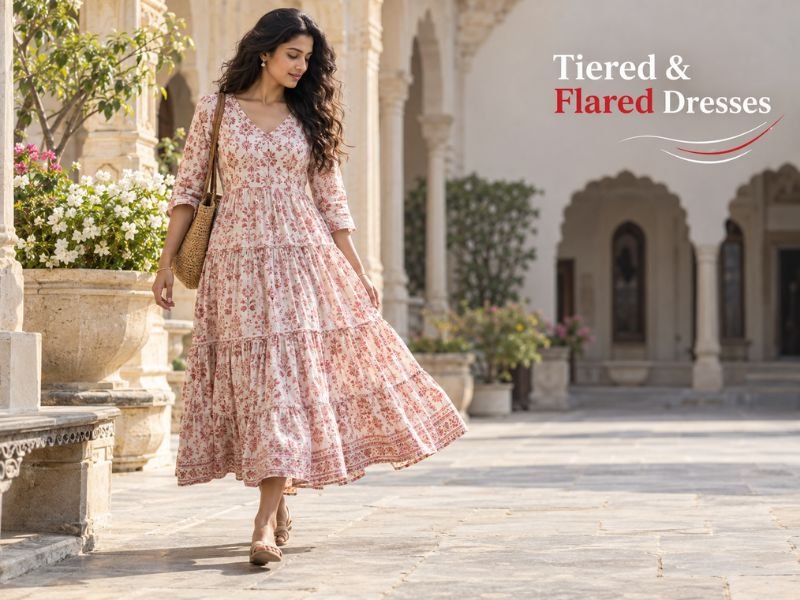 Tiered and flared dresses with flowing silhouettes and layered fabric by SaleManch