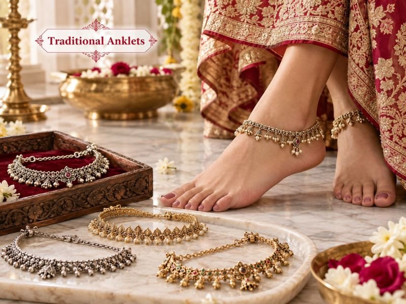 Traditional anklets with Indian motifs, chains and ornamental details by SaleManch