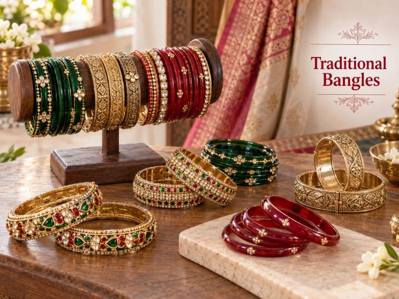 Traditional Indian bangles with cultural motifs and decorative patterns by SaleManch