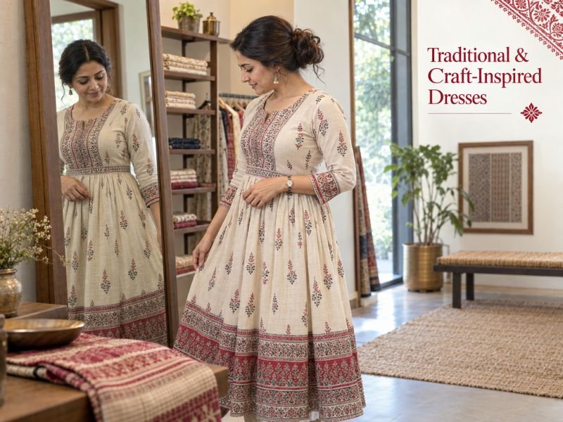 Traditional and craft-inspired Indian dresses with textile motifs by SaleManch